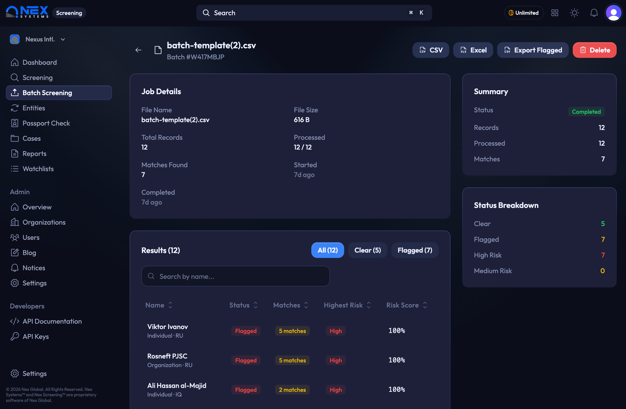 Batch screening dashboard